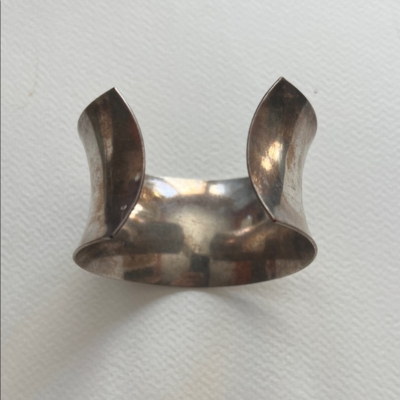 Wide Silver-Tone Cuff Bracelet - Curved Statement Bangle - Picture 3 of 5